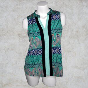 Charming Charlie Peach and Turquoise Paisley Print Sleeveless Womens Blouse